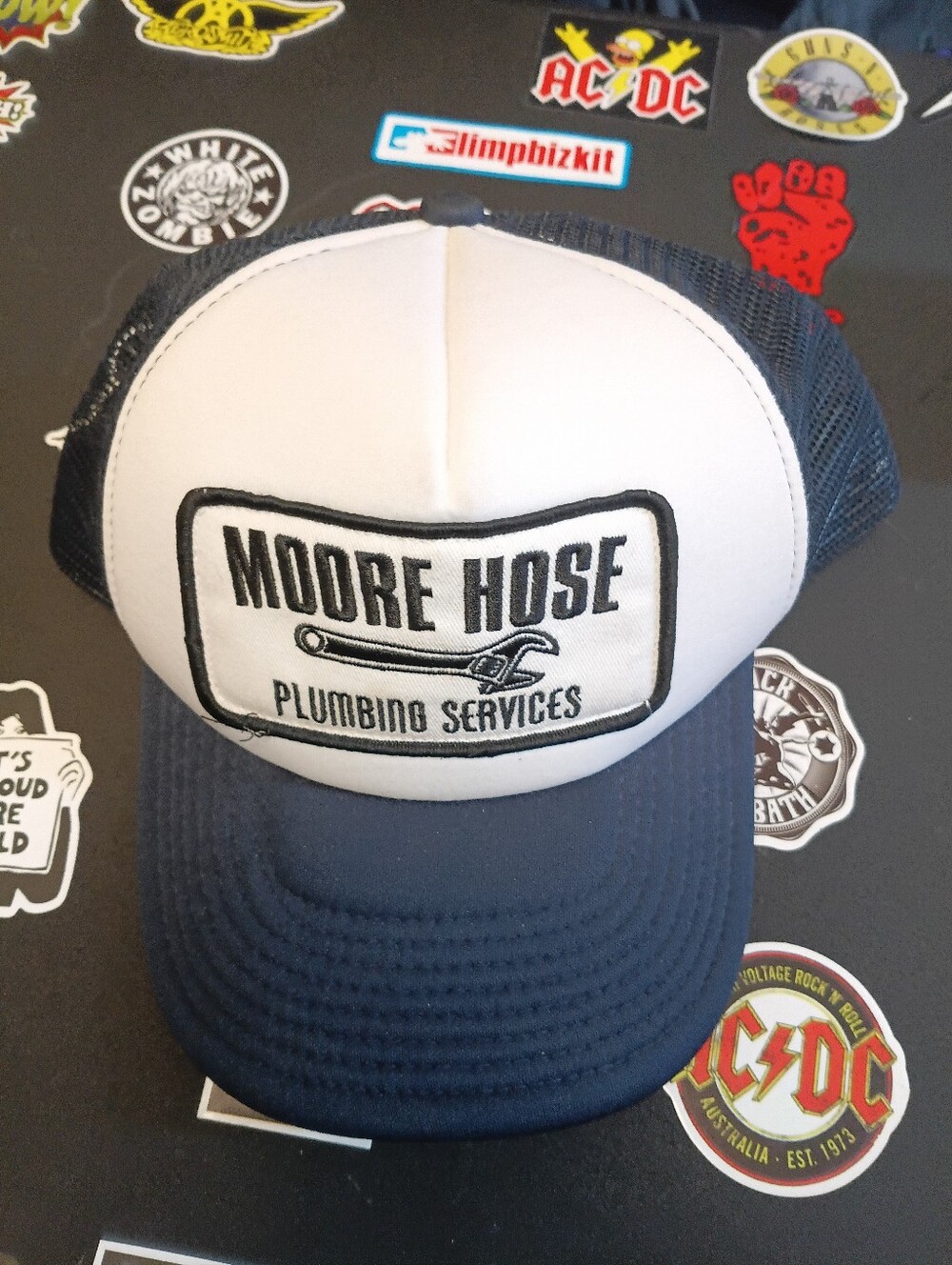 Moore Hose Plumbing Services Trucker Hat - Navy & White Funny Joke Parody Humor